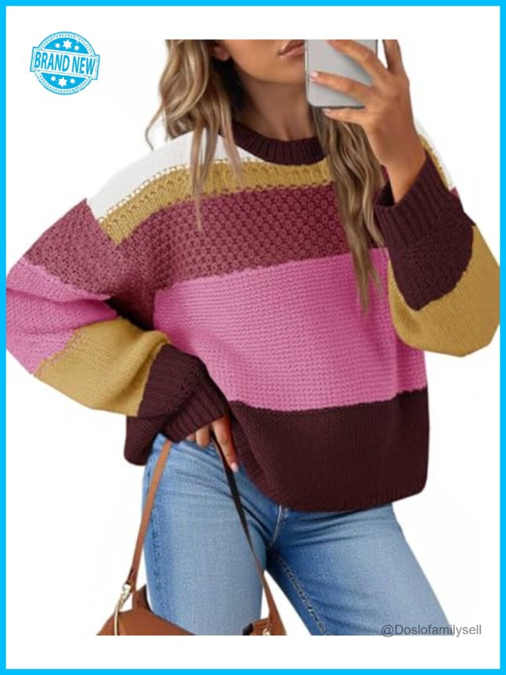 Women's Cropped Color Block Striped Pullover Sweater Crew Neck Oversized